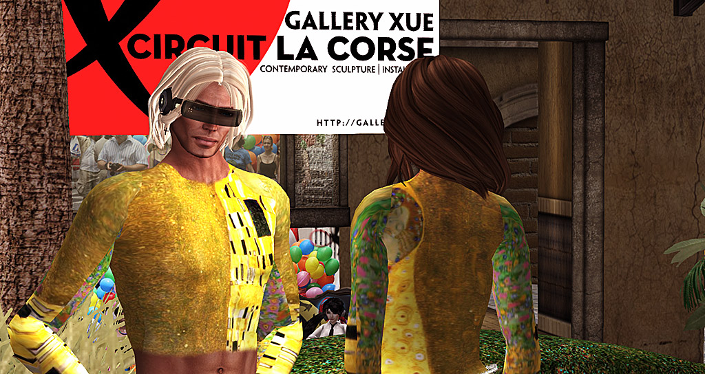 Pixel Reanimator and Gina Broono standing in the street at Circuit La Course on the Second Life Mainland, wearing matching "Klimt" outfits