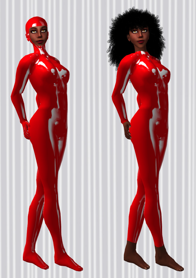Vaneeesa Blaylock wearing 2 versions of a red unitard from Kai Heideman / Powers of Creation - a hooded and footed version, and one with open feet that ends at the neckline