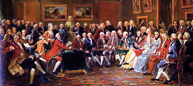 Painting of a large group of people in conversation in a large salon